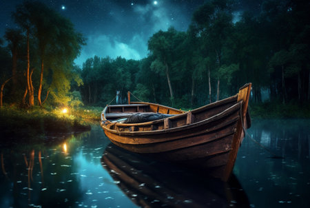 wooden boat on the river with the beauty of the night sky. ai generativeの素材