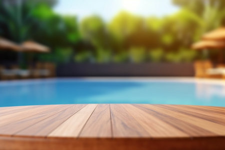 empty wooden table with blurred background of swimming pool and sunlight, for podium product display. generative aiの素材