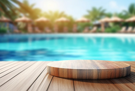 empty wooden table with blurred background of swimming pool and sunlight, for podium product display. generative aiの素材