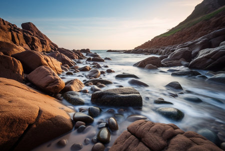 Beautiful sea views with relaxing and gentle rocks and waves. long exposure photography. generative aiの素材