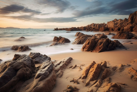 Beautiful sea views with relaxing and gentle rocks and waves. long exposure photography. generative aiの素材