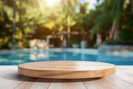 empty wooden table with blurred background of swimming pool and sunlight, for podium product display. generative aiの素材
