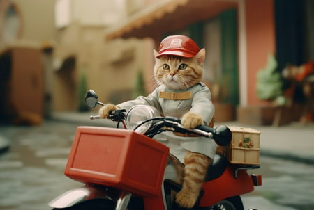 the cat is delivering orders on a motorcycle. ai generativeの素材