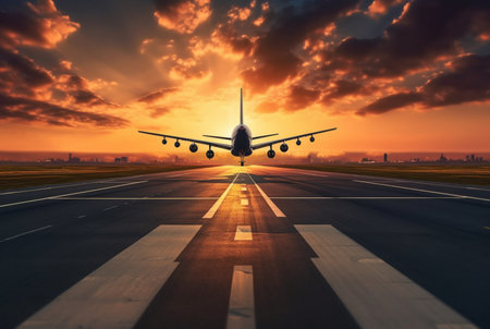 airplane at the airport at sunset. Generative AIの素材
