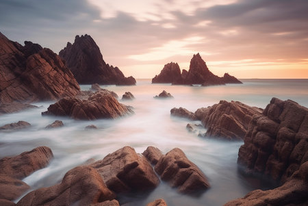 Beautiful sea views with relaxing and gentle rocks and waves. long exposure photography. generative aiの素材