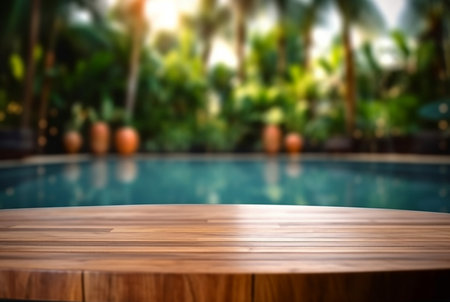 empty wooden table with blurred background of swimming pool and sunlight, for podium product display. generative aiの素材