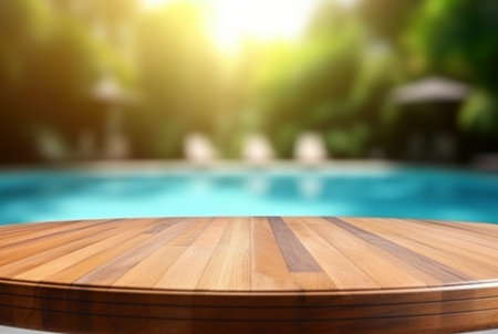 empty wooden table with blurred background of swimming pool and sunlight, for podium product display. generative aiの素材