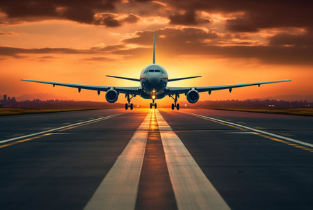 airplane at the airport at sunset. Generative AIの素材