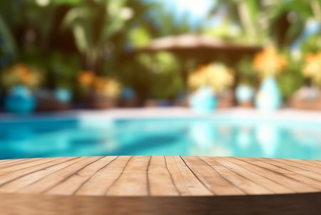 empty wooden table with blurred background of swimming pool and sunlight, for podium product display. generative aiの素材