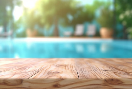 empty wooden table with blurred background of swimming pool and sunlight, for podium product display. generative aiの素材