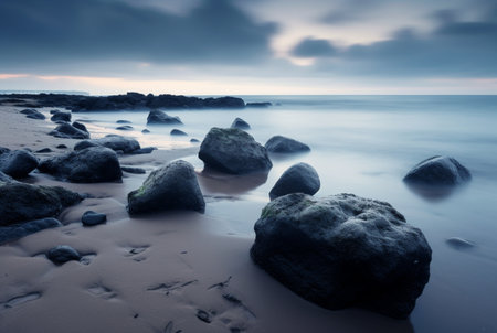 Beautiful sea views with relaxing and gentle rocks and waves. long exposure photography. generative aiの素材