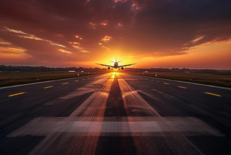 airplane at the airport at sunset. Generative AIの素材