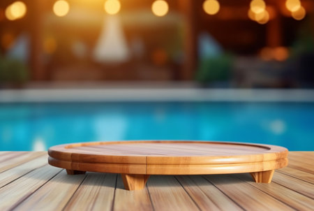 empty wooden table with blurred background of swimming pool and sunlight, for podium product display. generative aiの素材