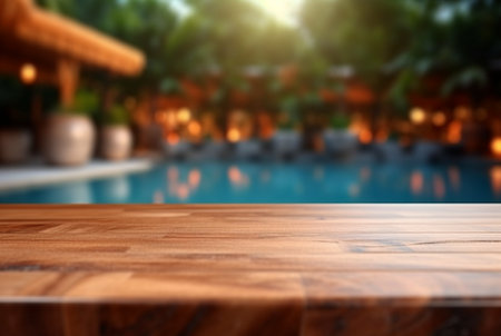 empty wooden table with blurred background of swimming pool and sunlight, for podium product display. generative aiの素材