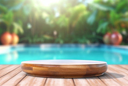 empty wooden table with blurred background of swimming pool and sunlight, for podium product display. generative aiの素材