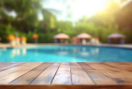 empty wooden table with blurred background of swimming pool and sunlight, for podium product display. generative aiの素材