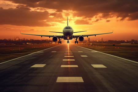 airplane at the airport at sunset. Generative AIの素材