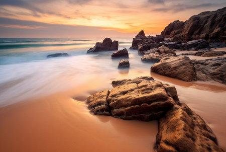 Beautiful sea views with relaxing and gentle rocks and waves. long exposure photography. generative aiの素材