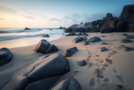 Beautiful sea views with relaxing and gentle rocks and waves. long exposure photography. generative aiの素材
