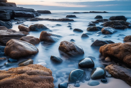 Beautiful sea views with relaxing and gentle rocks and waves. long exposure photography. generative aiの素材