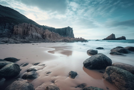 Beautiful sea views with relaxing and gentle rocks and waves. long exposure photography. generative aiの素材