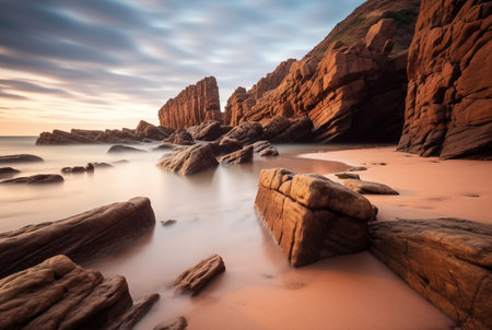 Beautiful sea views with relaxing and gentle rocks and waves. long exposure photography. generative aiの素材