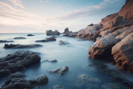Beautiful sea views with relaxing and gentle rocks and waves. long exposure photography. generative aiの素材