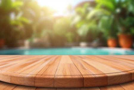 empty wooden table with blurred background of swimming pool and sunlight, for podium product display. generative aiの素材
