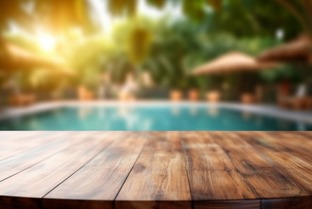 empty wooden table with blurred background of swimming pool and sunlight, for podium product display. generative aiの素材