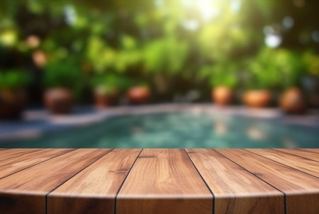empty wooden table with blurred background of swimming pool and sunlight, for podium product display. generative aiの素材