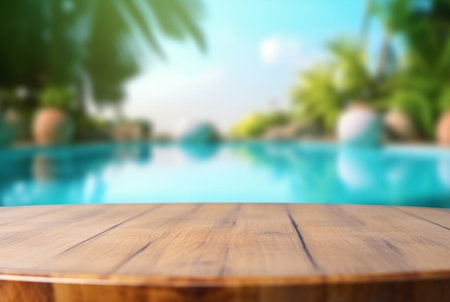 empty wooden table with blurred background of swimming pool and sunlight, for podium product display. generative aiの素材