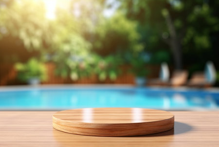 empty wooden table with blurred background of swimming pool and sunlight, for podium product display. generative aiの素材