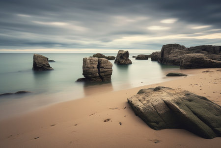 Beautiful sea views with relaxing and gentle rocks and waves. long exposure photography. generative aiの素材