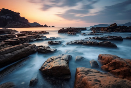 Beautiful sea views with relaxing and gentle rocks and waves. long exposure photography. generative aiの素材