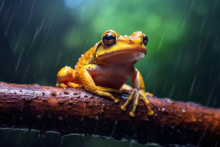 javanese tree frog sitting on a branch with beautiful blurred background and raindrops. generative aiの素材