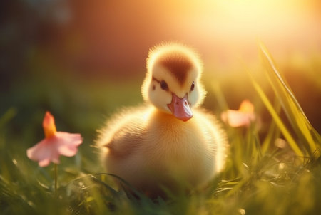 cute ducklings in the garden with blurred background and sunlight. generative aiの素材