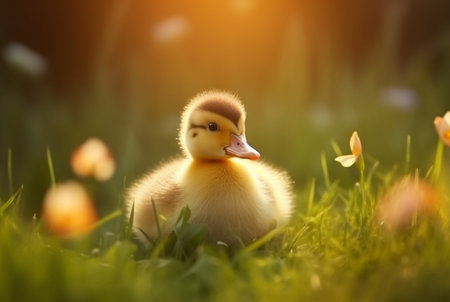 cute ducklings in the garden with blurred background and sunlight. generative aiの素材