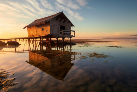 beautiful view of the hut on the beach with sunset in the evening. generative aiの素材