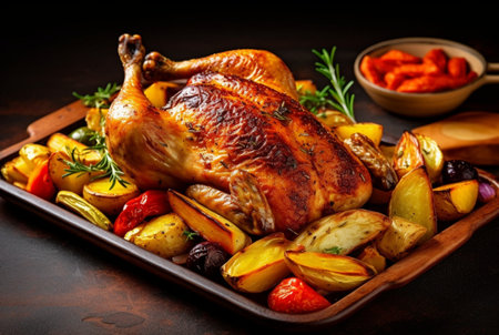 Delicious grilled chicken with various vegetables ready to eat. generative aiの素材