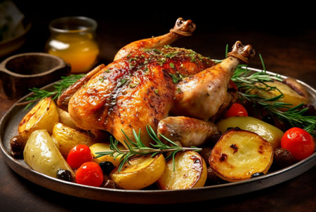 Delicious grilled chicken with various vegetables ready to eat. generative aiの素材