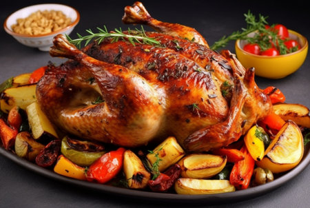 Delicious grilled chicken with various vegetables ready to eat. generative aiの素材