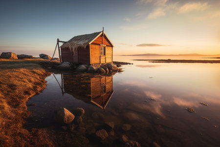beautiful view of the hut on the beach with sunset in the evening. generative aiの素材