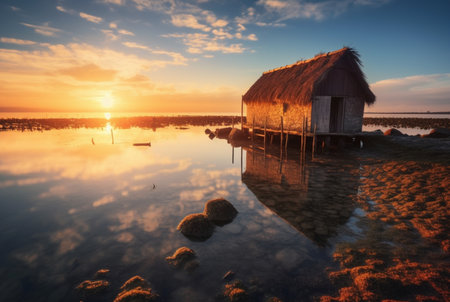 beautiful view of the hut on the beach with sunset in the evening. generative aiの素材