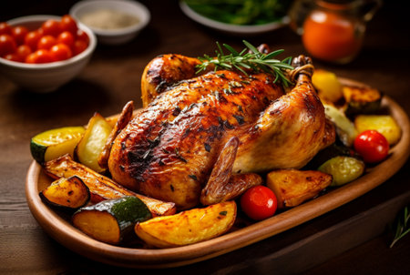 Delicious grilled chicken with various vegetables ready to eat. generative aiの素材