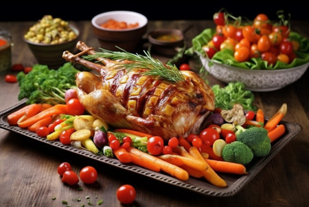 Delicious grilled chicken with various vegetables ready to eat. generative aiの素材