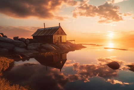 beautiful view of the hut on the beach with sunset in the evening. generative aiの素材