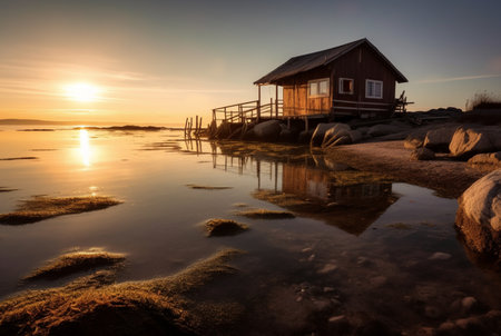 beautiful view of the hut on the beach with sunset in the evening. generative aiの素材