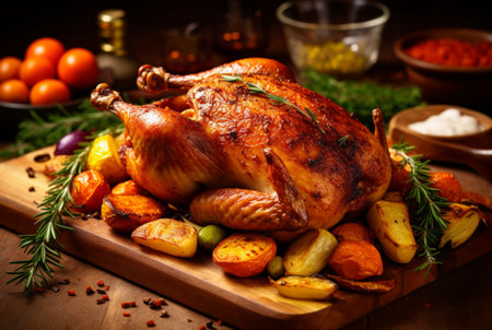 Delicious grilled chicken with various vegetables ready to eat. generative aiの素材