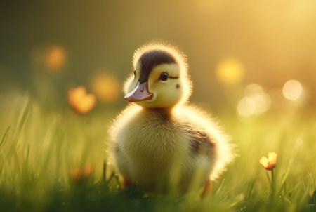cute ducklings in the garden with blurred background and sunlight. generative aiの素材