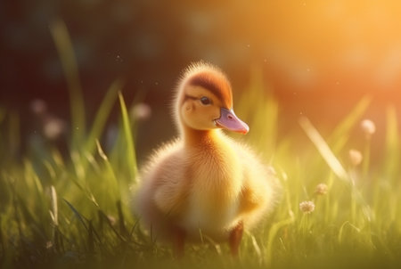 cute ducklings in the garden with blurred background and sunlight. generative aiの素材